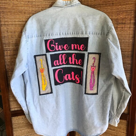 Upcycled Tops - Upcycled Denim Cat Shirt: Patchwork Kitten Graphics Lightweight Jacket Size L